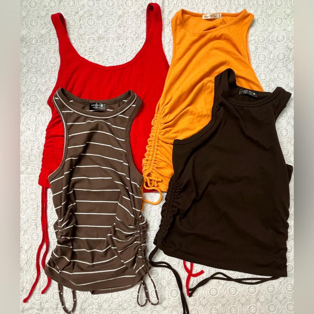 4 tank tops w/ adjustable/drawstring side rouching; crop; size Medium (juniors)